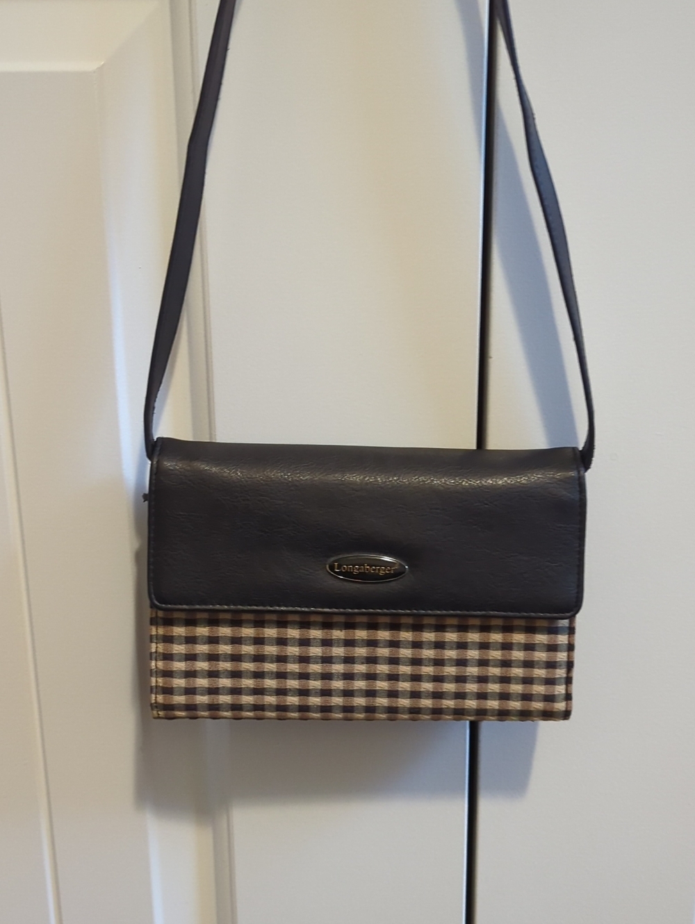 Longaberger Black Leather & Brown Plaid Crossbody Purse